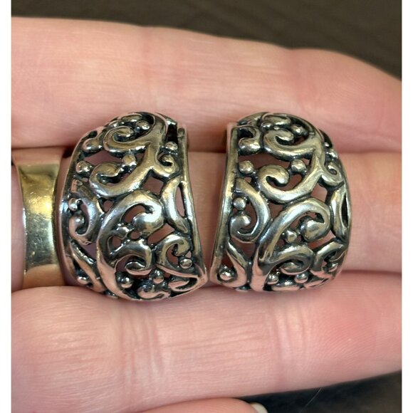 VTG SIGNED MEXICO 925 Sterling Silver Filigree Half Hoop Pierced Earrings - Picture 2 of 6